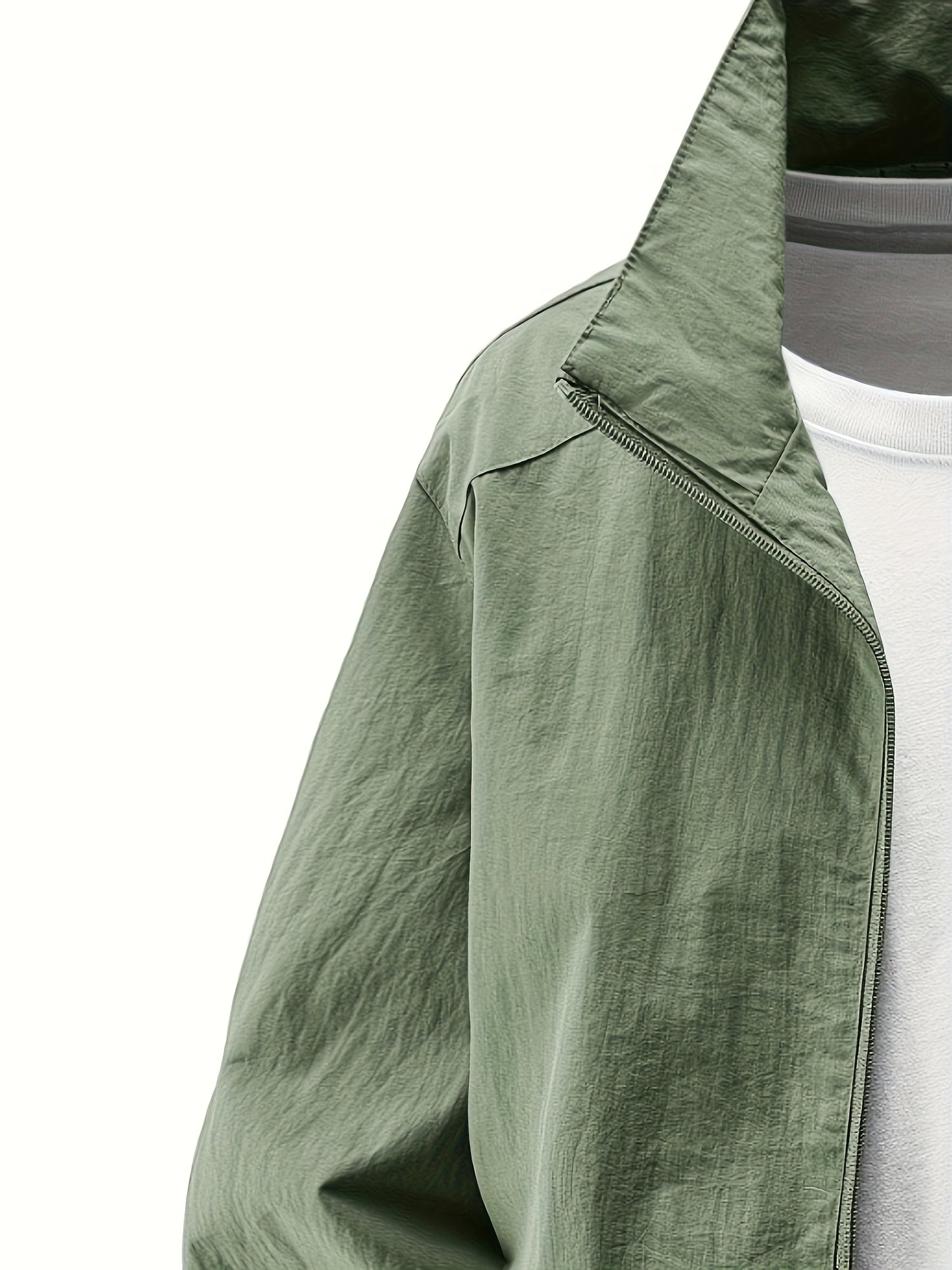 Men'S Olive Green Bomber Jacket with Stand Collar - Casual, Comfortable, Zip-Up Outerwear for Outdoor Activities, Casual Attire|Stand Collar Jacket|Zippered Jacket