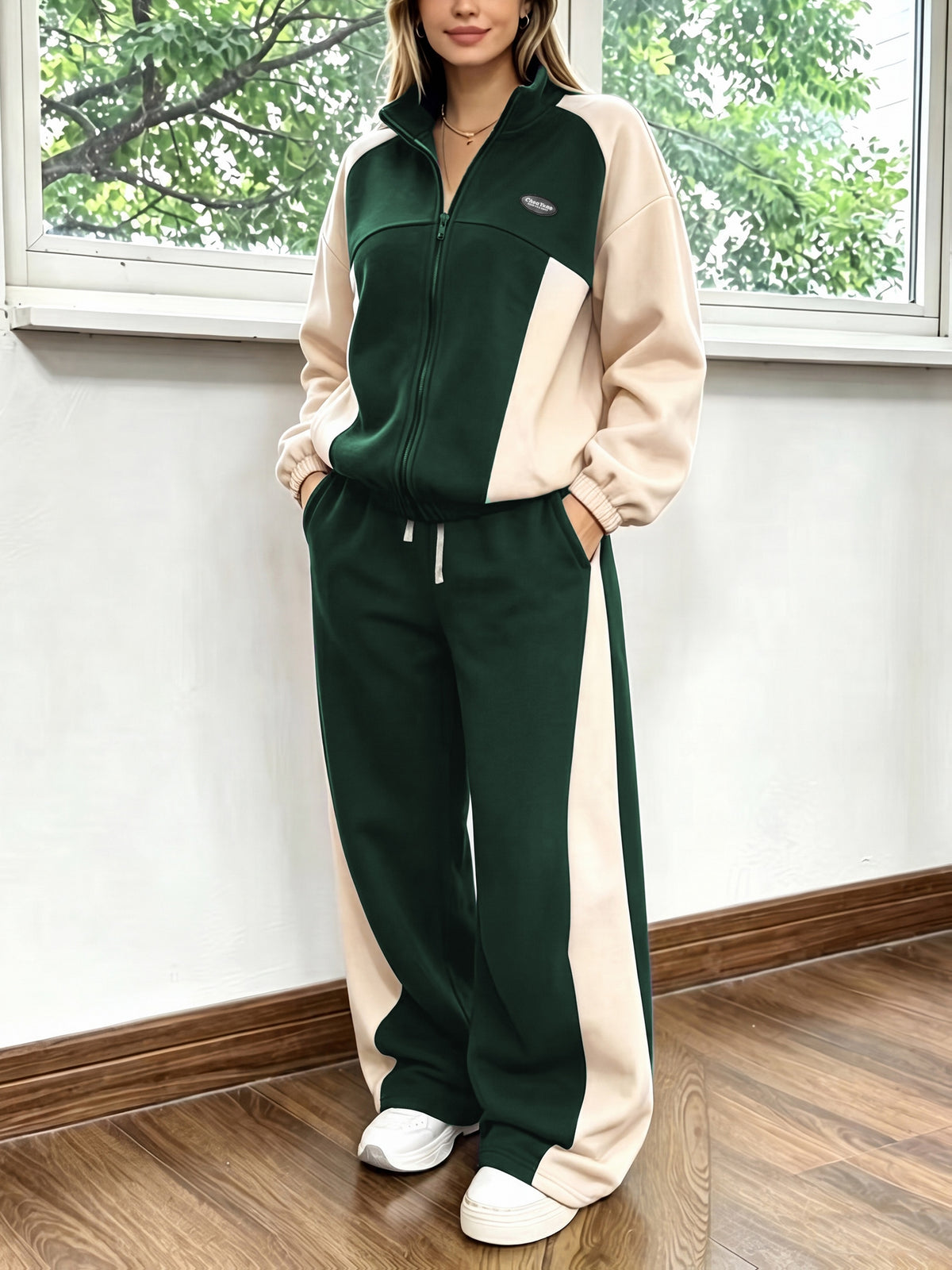 Casual Color Block Two-Piece Set with Loose Jacket & Wide-Leg Pants - ayq