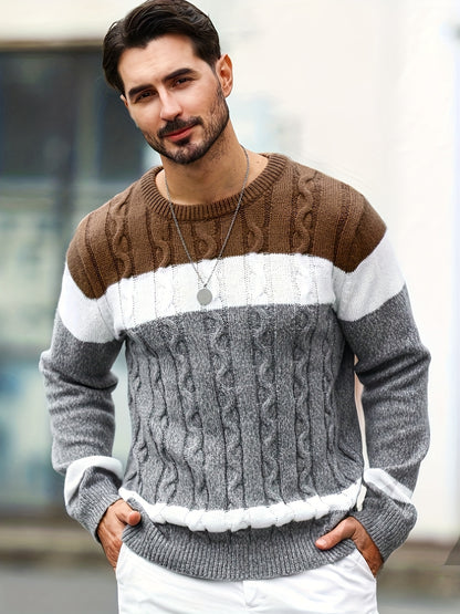 Men's Autumn/Winter Casual Color-Block Twist-Knit Pullover Sweater