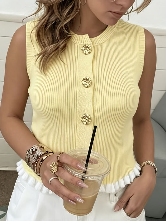 Women’s Sleeveless Cardigan Vest Summer Knit Crew Neck