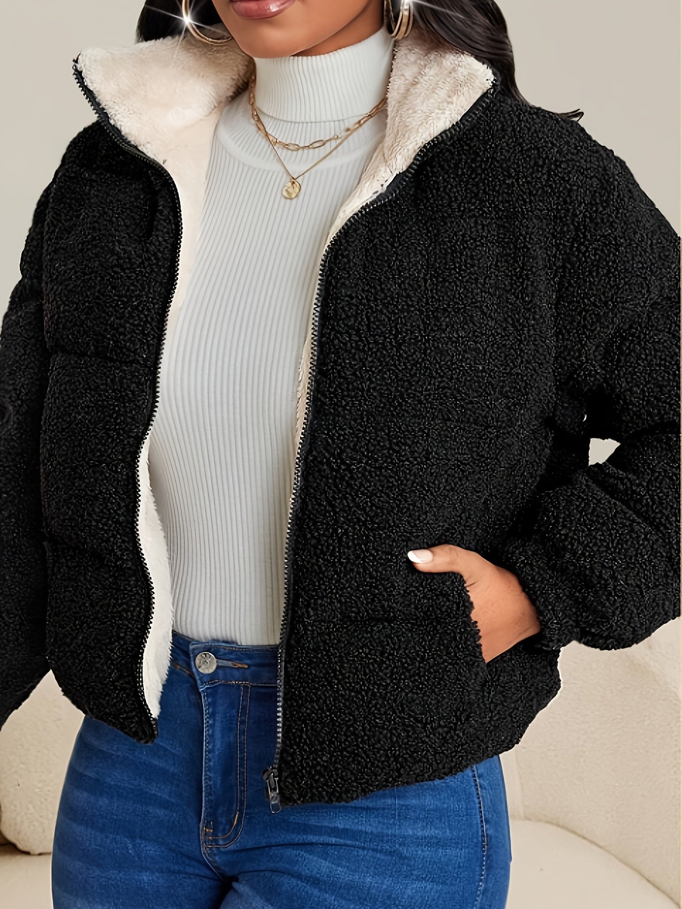 Women's Winter Warm Faux Fur Coat with Plush Lining - Full-Zip Long Sleeve Solid Black Jacket, Machine Washable Casual Outerwear for Cold Weather, Faux Fur Collar & Plush Lining, Versatile Everyday Coat
