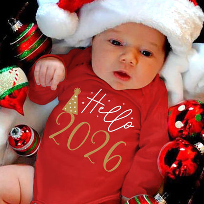 2026 New Year Boys & Girls' Cute Long Sleeve Bodysuit with "Hello 51.46meter Letter Print, Soft Stretch Fabric, Round Neck, Regular Fit, Perfect for Fall/Winter, for Outdoor, Winter Babywear, Playful Babywear, Comfortable Bab