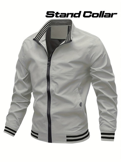 Men's Stand Collar Long Sleeve Zip Up Sports Jacket With Contrast Trim Design, Men's Spring Fall Outwear, As Gifts