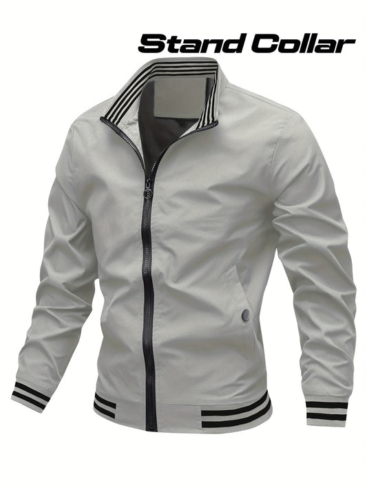 Men's Stand Collar Long Sleeve Zip Up Sports Jacket With Contrast Trim Design, Men's Spring Fall Outwear, As Gifts
