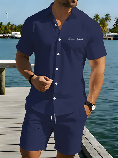 Men's Summer Short-Sleeve Shirt and Shorts Set - Casual Polyester