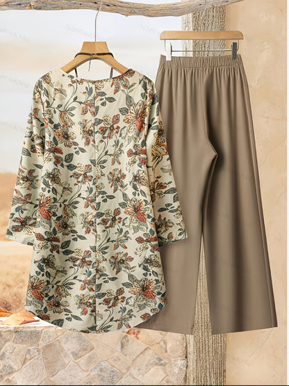 Women's Fashion Set with Floral Print Top and Khaki Pants