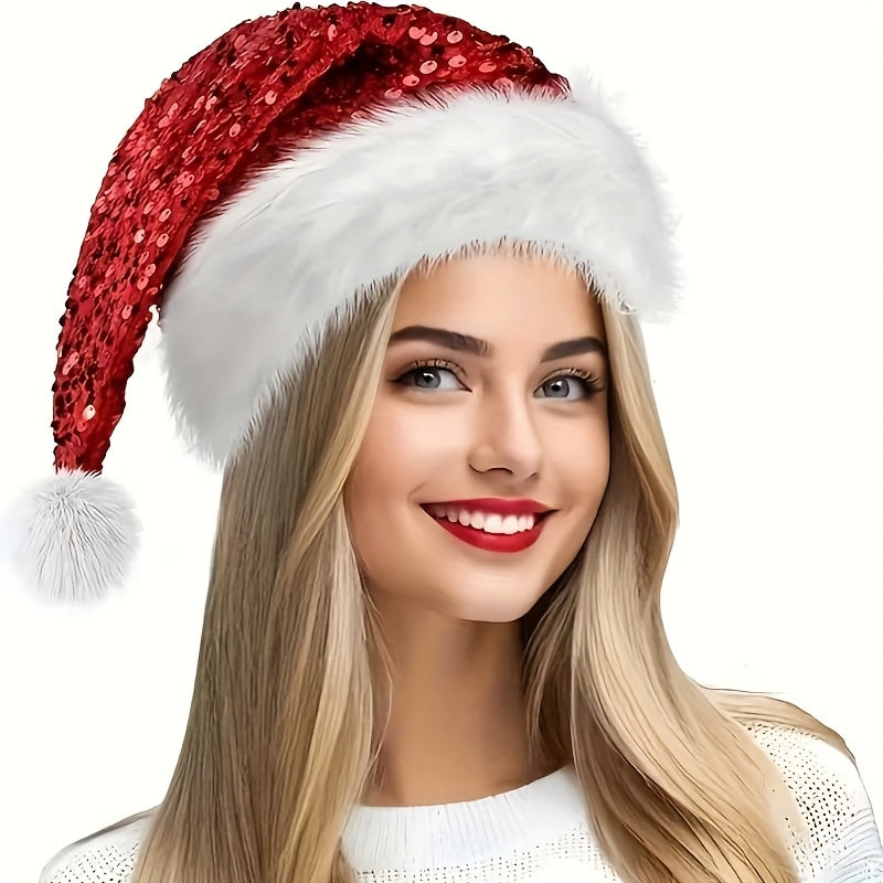 1pc Shiny Christmas Hat, Red Santa Claus Party Hat for Christmas New Year, Snowman Hat for Halloween Party, Santa Hat for Adults and Boys Girls, Double Layer Plush Trim Shiny Christmas Hat, for Holiday Parties and New Year Ce