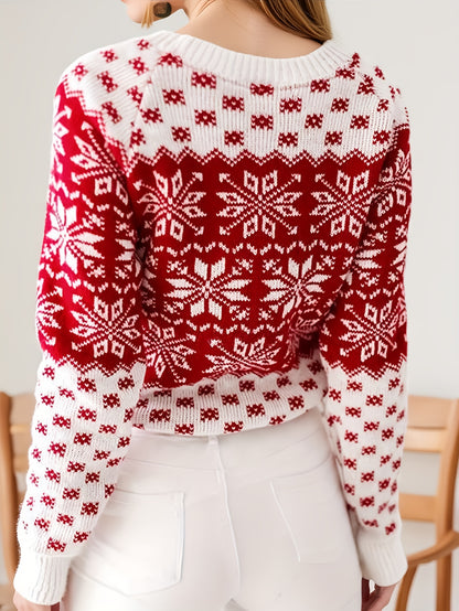 Women's Elegant Red & White Winter Sweater with Snowflake Pattern - Long Sleeve Round Neck Christmas Sweater for Holiday Parties, New Year's Eve & Everyday Winter Wear - Cozy Warm Sweater for Women, Festive Snowflake Design,