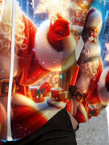 Men's Santa Print Hooded Sweatshirt - Full-Zip Full-Length Zipper Hoodie with Santa Claus & Reindeer/Christmas Tree Patterns, Machine Washable Casual Winter Gym Wear for Christmas Parties, Spring/Fall Outdoor Activities ( Siz