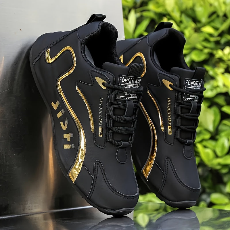 Letter Print. Casual Fashion. Low Top. Lace-Up. Solid Color. Comfortable. Good Grip. Unisex. Multifunctional. Skate Shoes. Men'S Casual Sports Sneakers Breathable, Non-Slip Running Shoes, Soft Sole, Golden And Black Design. G - ayq