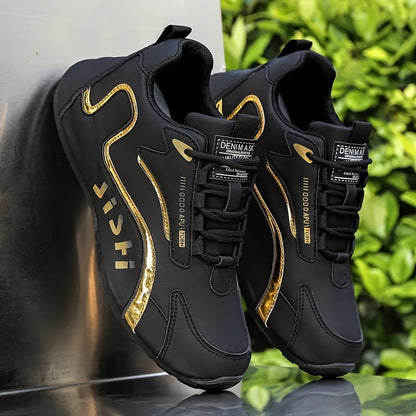 Letter Print. Casual Fashion. Low Top. Lace-Up. Solid Color. Comfortable. Good Grip. Unisex. Multifunctional. Skate Shoes. Men'S Casual Sports Sneakers Breathable, Non-Slip Running Shoes, Soft Sole, Golden And Black Design. G - ayq