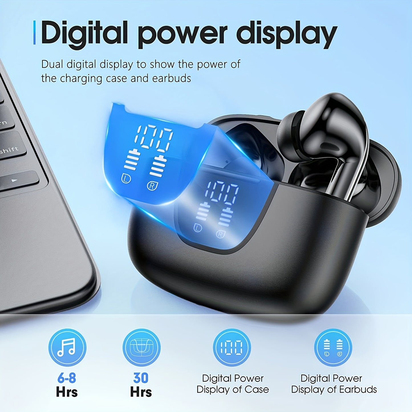 Wireless Headphones, Wireless 5.3 Earbuds, 13mm Speaker, 30H Playtime, Type-C Fast Charging Box, Stereo Wireless In-Ear Headset, Suitable for iPhone and Android In-Ear Headsets, Gaming Business Sports Headphone Mic