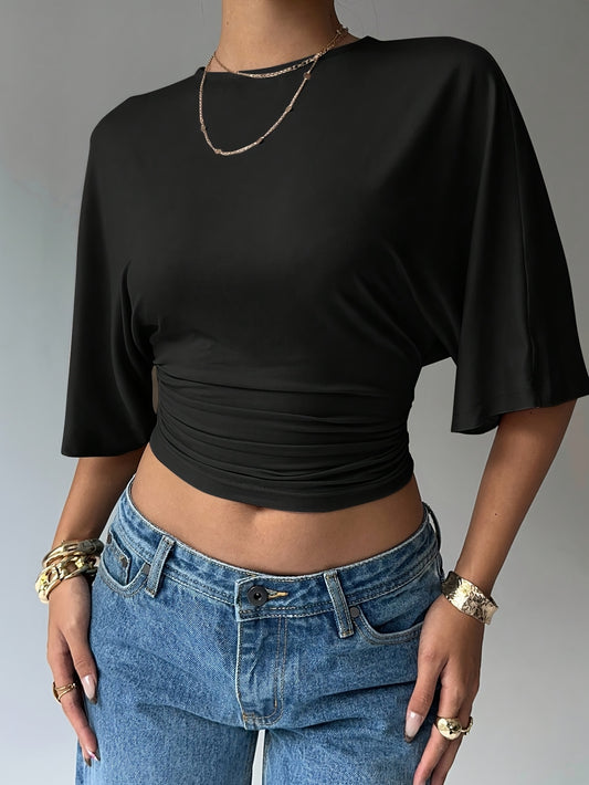 Women's Elegant Solid Round Neck Batwing Sleeve T-Shirt