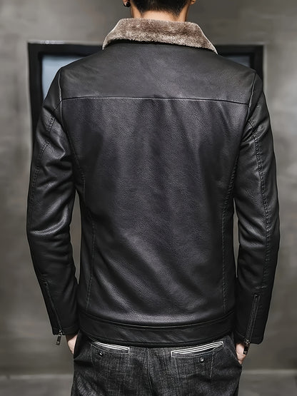 Men'S Winter Jacket with Fur-like Collar - Black Zip-Up Coat, Polyester-Lined Cold Weather Jacket for Formal & Casual Outfits, Easy-Care Non-Stretch Outerwear, Seasonal Fashion, Sleek Design, Durable Fabric, Urban Style