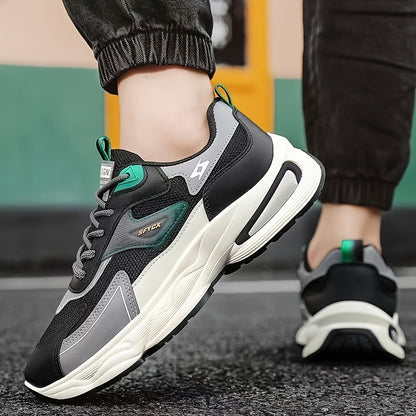 Men'S Casual Sports Shoes - Thick-Soled Lace-Up Sneakers with Synthetic Upper, Cushioned EVA Insole  PVC Sole for Outdoor Hiking, Running, Gym - All-Season Comfort in Beige/Black, Brown/White, Green/White, Versatile Trainers