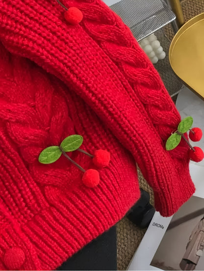 Women'S Purple Cable Cardigan with Cherry & Leaf Embellishments - Cozy Button-Up Sweater for Fall & Winter, Soft & Stylish Design, Perfect for Casual or Holiday Outfits, Winter Cardigan | Cable Cardigan | Buttoned Closure, Sw