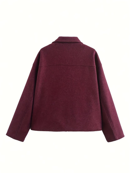 Women'S Elegant Solid Color Zipper Jacket with Large Pockets - Versatile Casual to Commuter Style, Long Sleeve, Maroon, Perfect for Fall/Winter, Casual Outerwear | Chic Zipper Jacket | Stylish Women'S Jacket