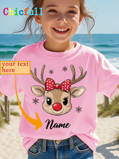 CHICFULL Girls' Personalized Name/Text Christmas Rudolph & Polka Bow T-Shirt - Red Smiling Reindeer Print with Golden Lettering, Soft Round Neck Casual Knit Top for Spring/Summer & Christmas, Machine Washable - Girls' Birthda