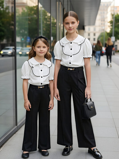 Girls' Preppy Spring/Summer Two-Piece Set with Doll Collar Top & Wide-