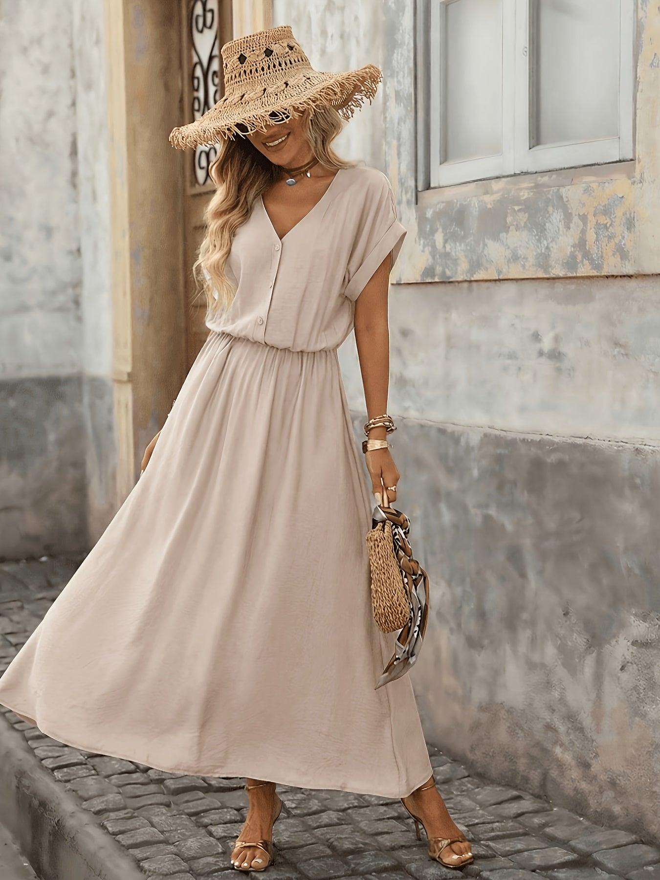 Women's Summer V-Neck Peplum Dress, Lightweight Polyester