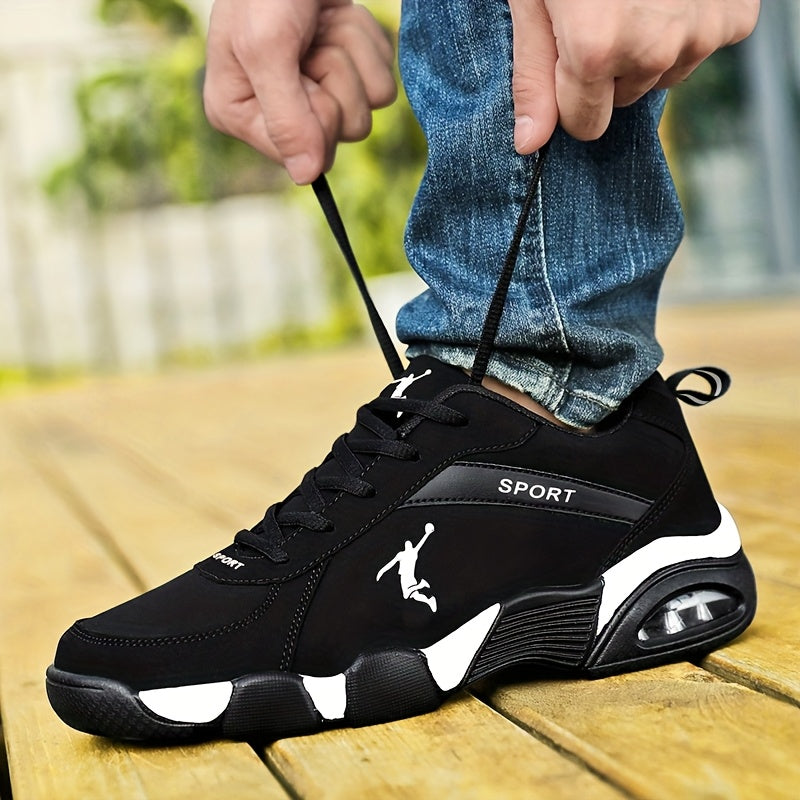 Unisex Low-Top Sneakers with Breathable Mesh & Air Cushion Technology - Comfortable Lace-Up Casual Shoes for Running, Walking, Training - Black & White Design, Synthetic Synthetic Faux Upper, Fabric Lining, All-Season Wear, R - ayq
