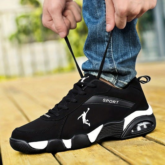 Unisex Low-Top Sneakers with Breathable Mesh & Air Cushion Technology - Comfortable Lace-Up Casual Shoes for Running, Walking, Training - Black & White Design, Synthetic Synthetic Faux Upper, Fabric Lining, All-Season Wear, R - ayq