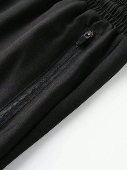 Men'S Casual Sportswear Set - Black Jacket with Zipper Pockets & White Accents, Matching Pants, Perfect for Spring & Fall, Sportswear Outfit|Zippered Jacket|Functional Pockets