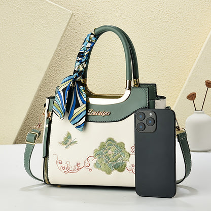 Embroidered Colorful Wo 'S Handbag with Random Scarf Color, Business Spring/Summer Date, Casual Travel, Mother'S Day Gift, Large Capacity, Middle-Aged, Commuting, Contrast Color
