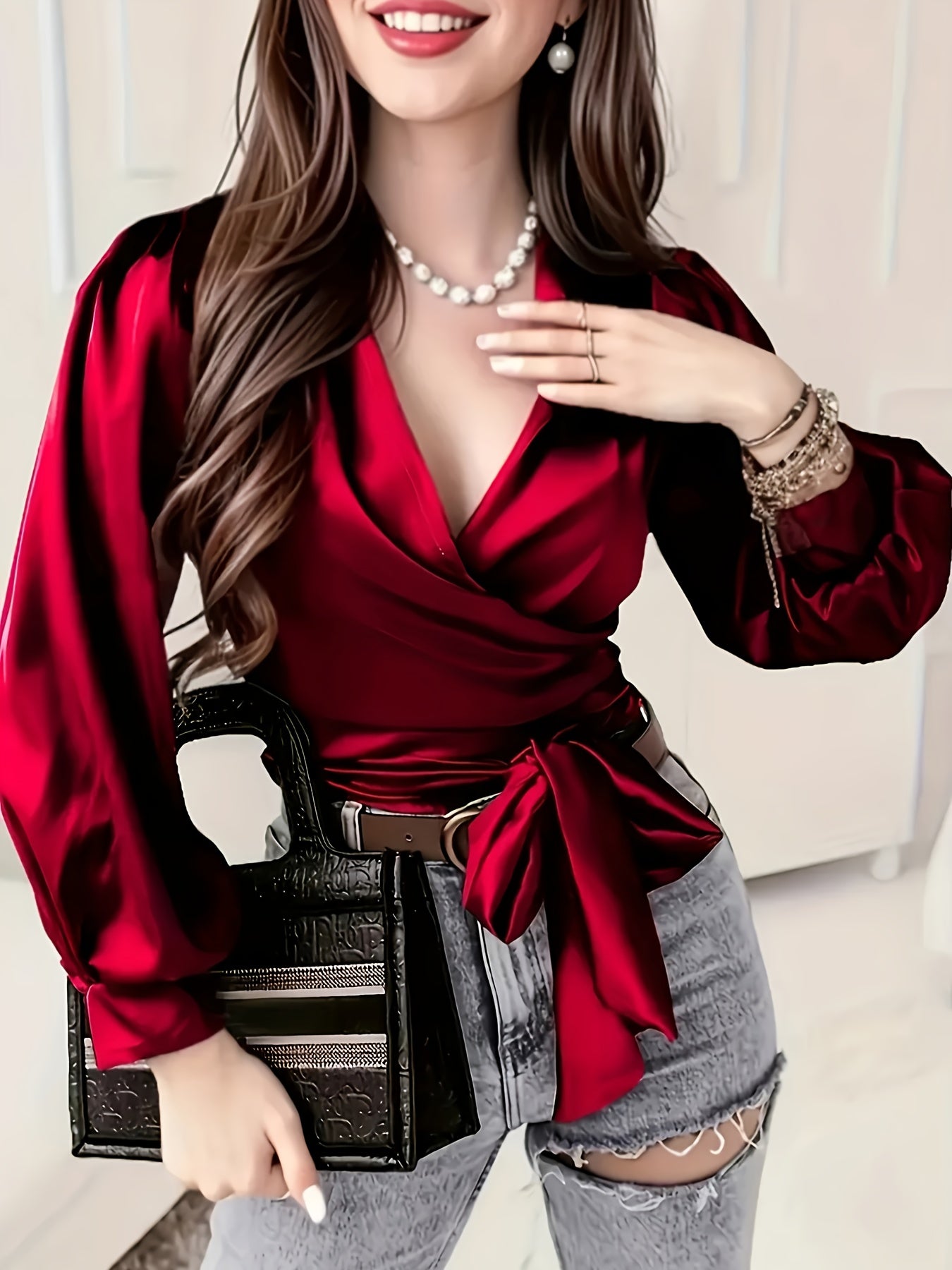Cross-Neck Belted Shirt BK052832, Elegant Long-Sleeve Crop Top for Spring and Autumn Women's W0124