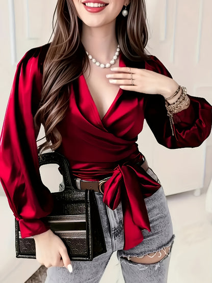 Cross-Neck Belted Shirt BK052832, Elegant Long-Sleeve Crop Top for Spring and Autumn Women's W0124