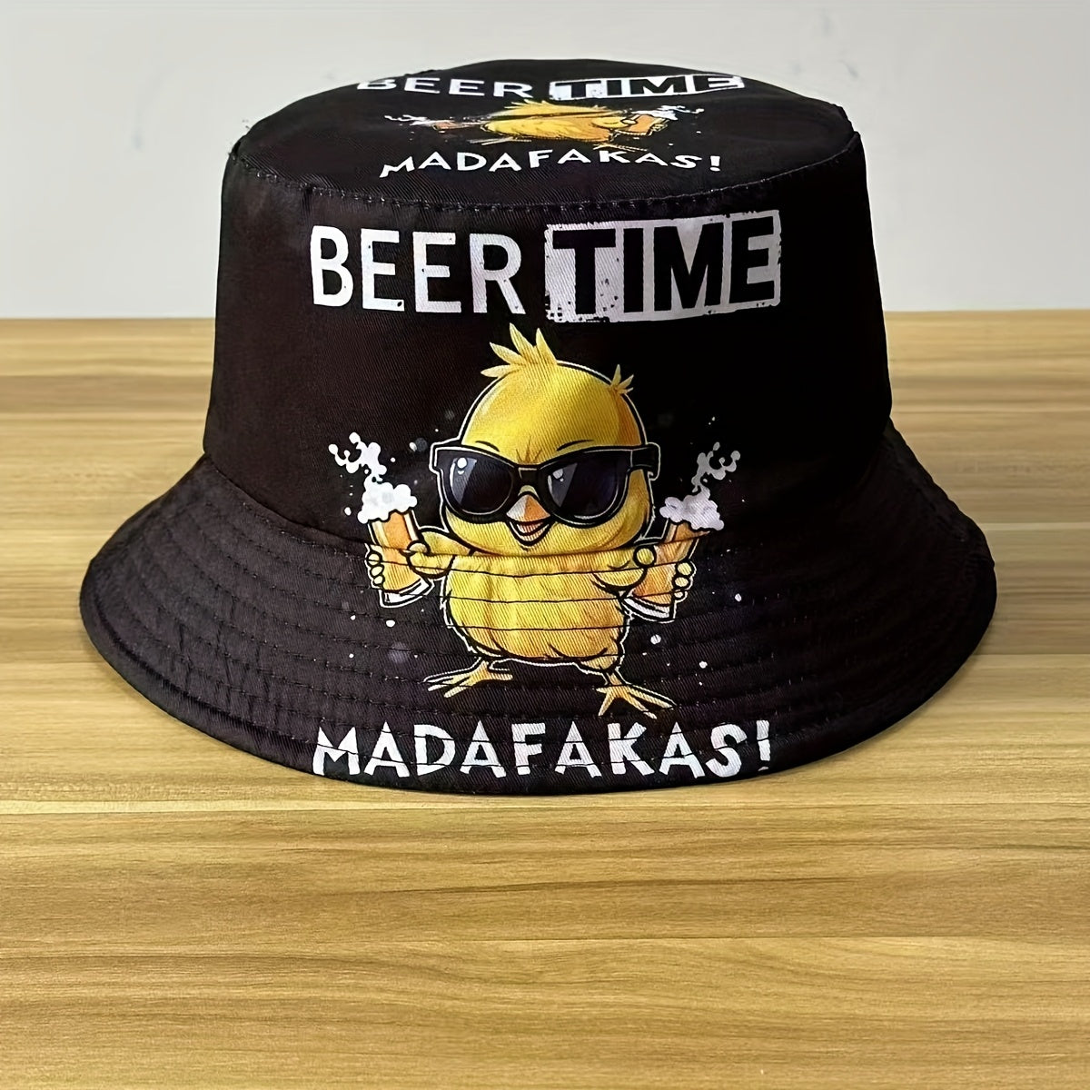 1pc Summer New Arrival Beer Time Duck Print Reversible Bucket Hat - Fun Beach & Streetwear, Sun Protection, Lightweight Polyester, Black with Colorful Graphics, Reversible Fashion | Street Style Hat | Woven Texture