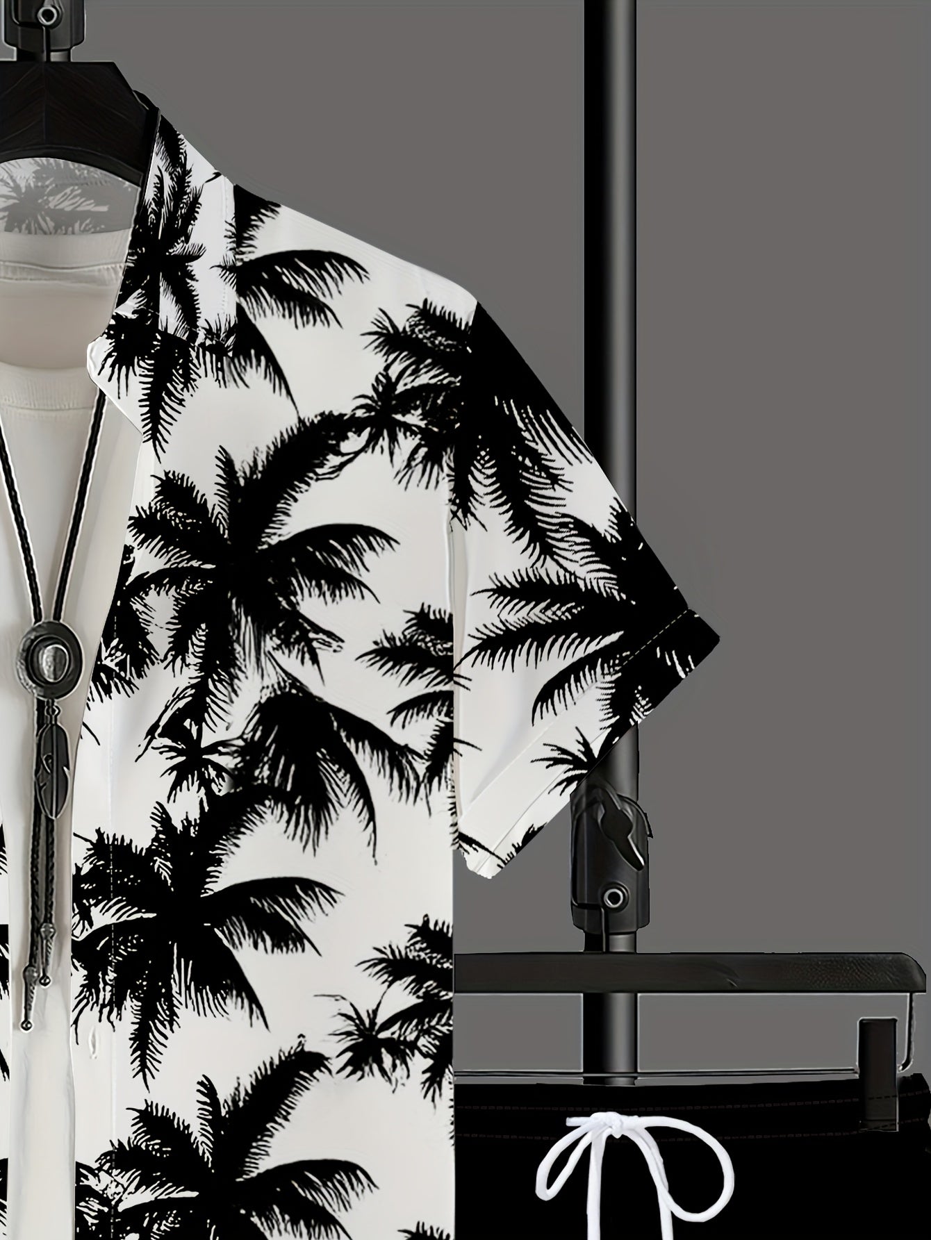 Men's Casual Summer Shirt Set, Black Palm Tree Pattern 3D Print, Loose Collar Short Sleeve Shirt and Drawstring Shorts 2pcs Set