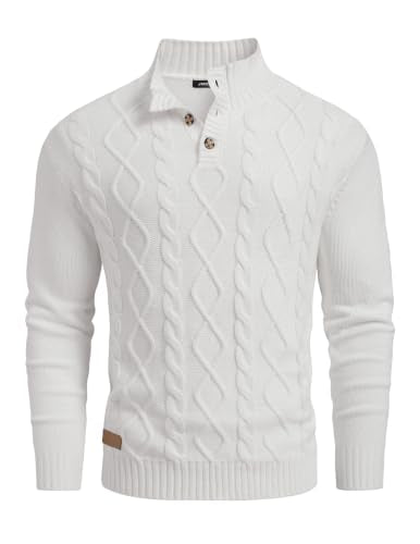 Men's Cable Knit Henley Sweater with Ribbed Stand Collar