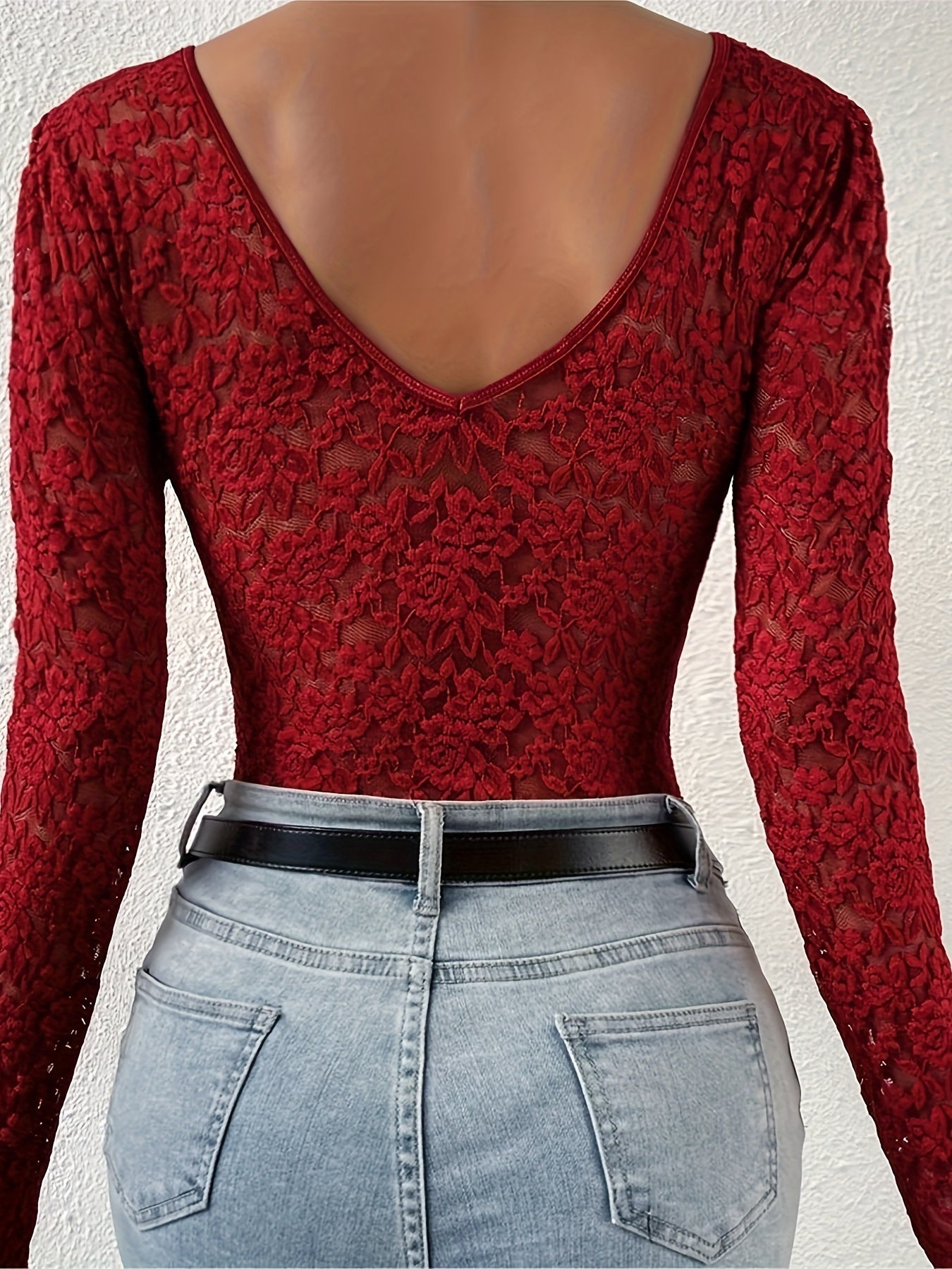 Stylish Deep V Backless Lace Rose Print Sheer Fitted Long Sleeve Bodysuit 10717
