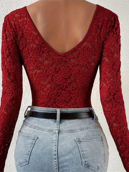 Stylish Deep V Backless Lace Rose Print Sheer Fitted Long Sleeve Bodysuit 10717
