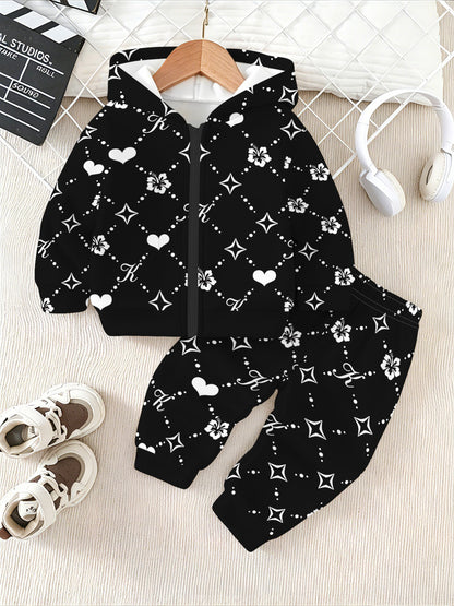 Girls' Floral Zip-Up Hoodie Set Lightweight Casual Spring/Fall