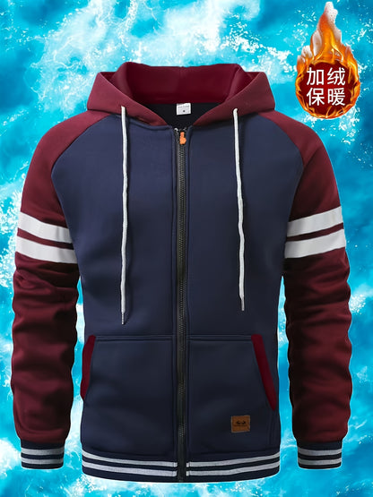 Men's 2025 Autumn East New Zipper Hoodie - Black & Grey Color-Block Contrast with White Piping, Full-Zip Closure, Chest Pocket & Adjustable Hood, Casual Streetwear for Teen Boys & Young Men, Durable Everyday Outerwear