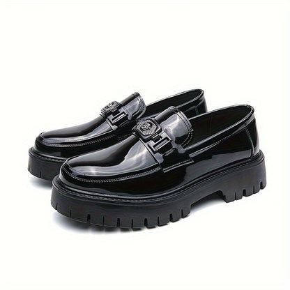 Men'S Black Soft Patent Platform Chunky Heel Loafers Fashion Tassel Business Casual Formal Work Shoes Non-Slip Lug Sole Slip-On Penny Loafers