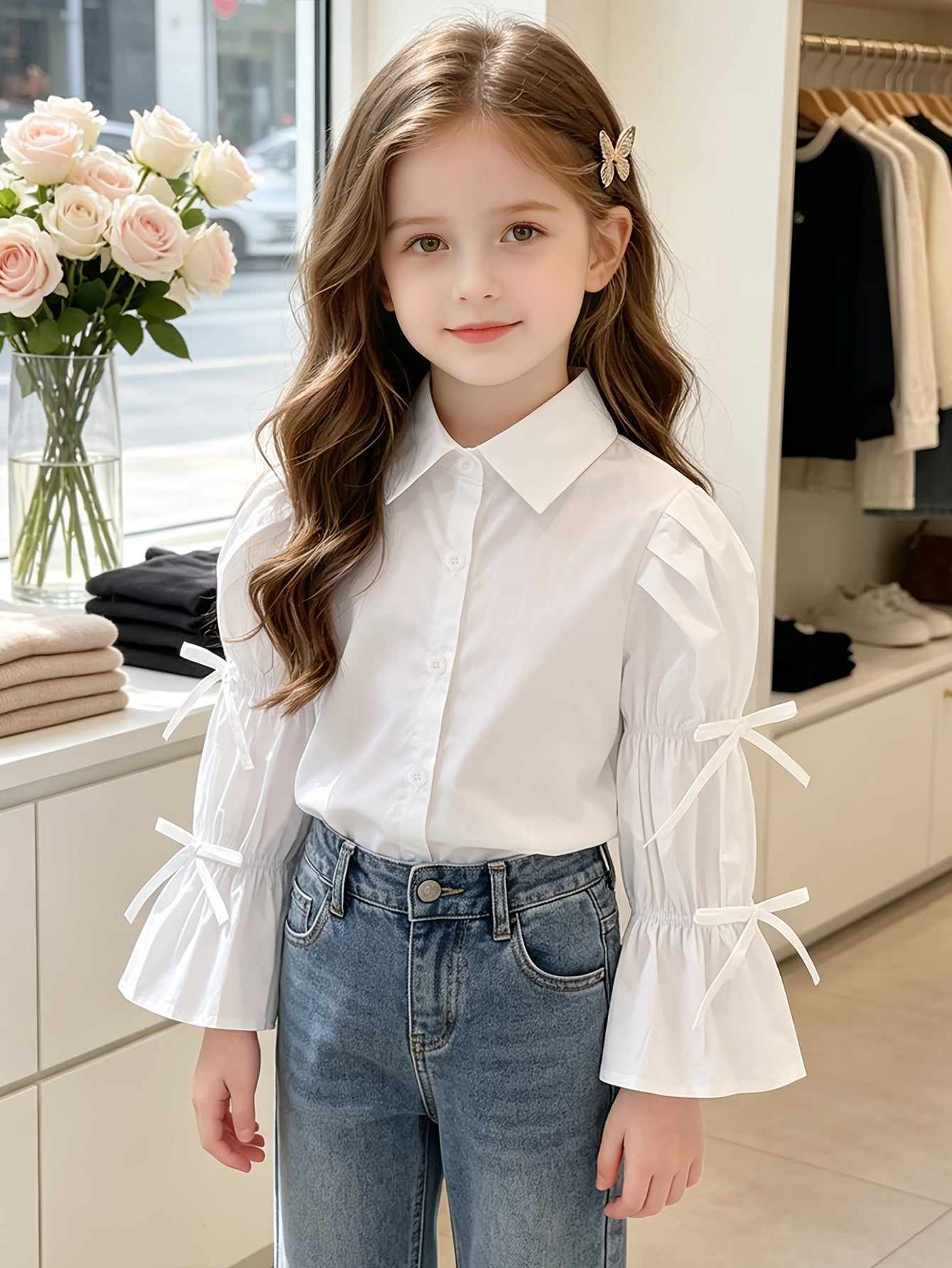 Girls' Elegant Cotton Lapel Blouse for Spring and Fall