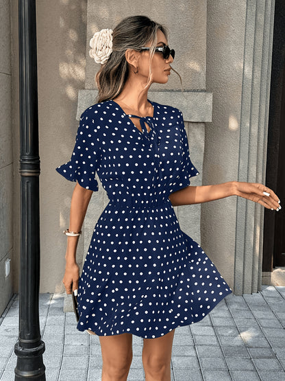 Women's Elegant French-Style Polka Dot Midi Dress with Ruffle Sleeves