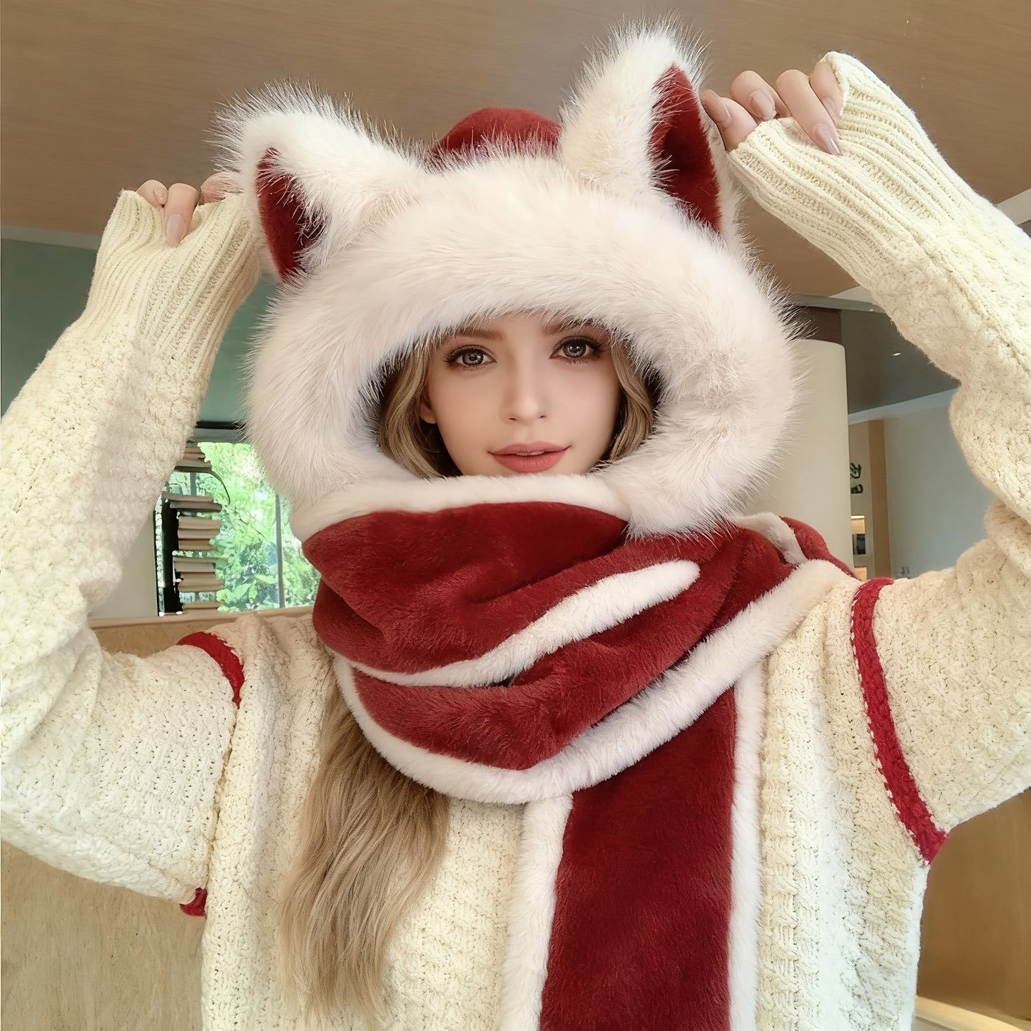 Women's Fox Ear Hat 3-in-1 with Scarf & Gloves - Winter Warm Windproof Cute Fox Ears, Lightweight Jacket-Compatible for cold Weather, Hand Washable Maomao Hat for, New Year & Holiday Outfits (Non-Stretch)