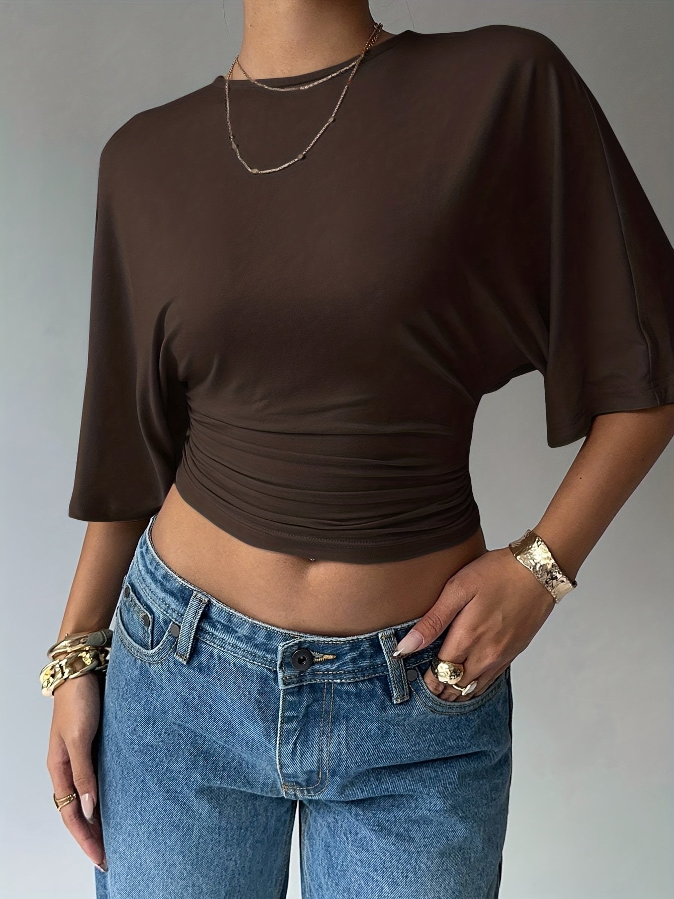 Elegant Flared Short Sleeve Women’s Top in Solid Color