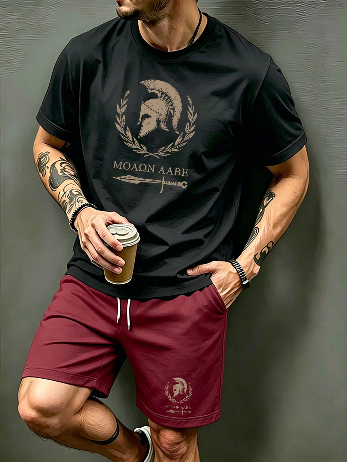 Men's Summer Short Sleeve T-Shirt and Shorts Set with Spartan Helmet P