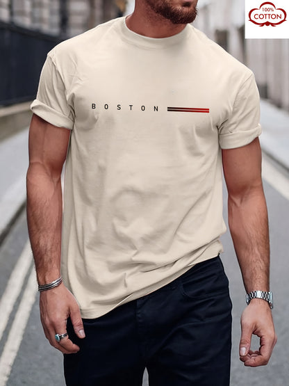 Men's Heavyweight 180gsm Cotton T-Shirt - Dark Gray Crew Neck Tee with Bold "Boston" Print, All-Season Everyday  Formal Shirt for Men - Machine Washable Luxury Casual Top, Versatile Clothing, Modern Design, Premium Fabric, S