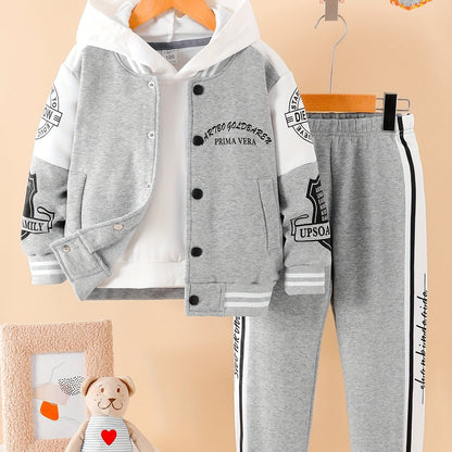 New Autumn And Winter Set: Classic And Stylish Button-Up Baseball Jacket with Letter Pattern Print on The Sleeves, Paired with Pants Featuring Black And White Stripes And Thickened Fleece for Warmth. This Comfortable And Vers