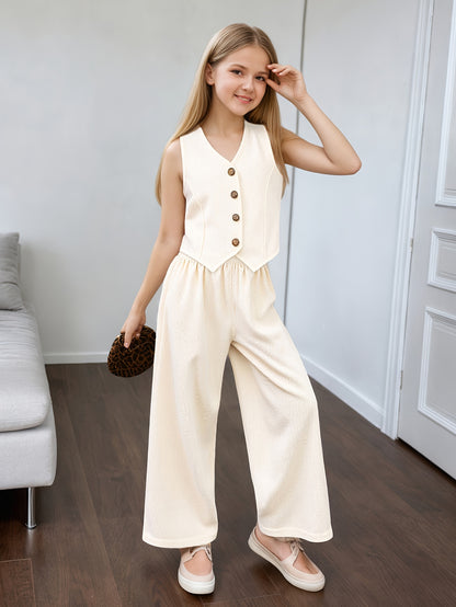 Girls' Summer Casual Set: Vest and Wide-Leg Pants Outfit