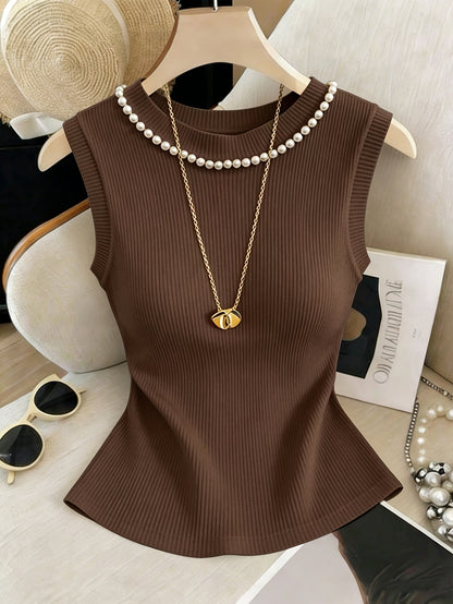 Women’s Elegant Pearl-Embellished Sleeveless Slim-Fit Top