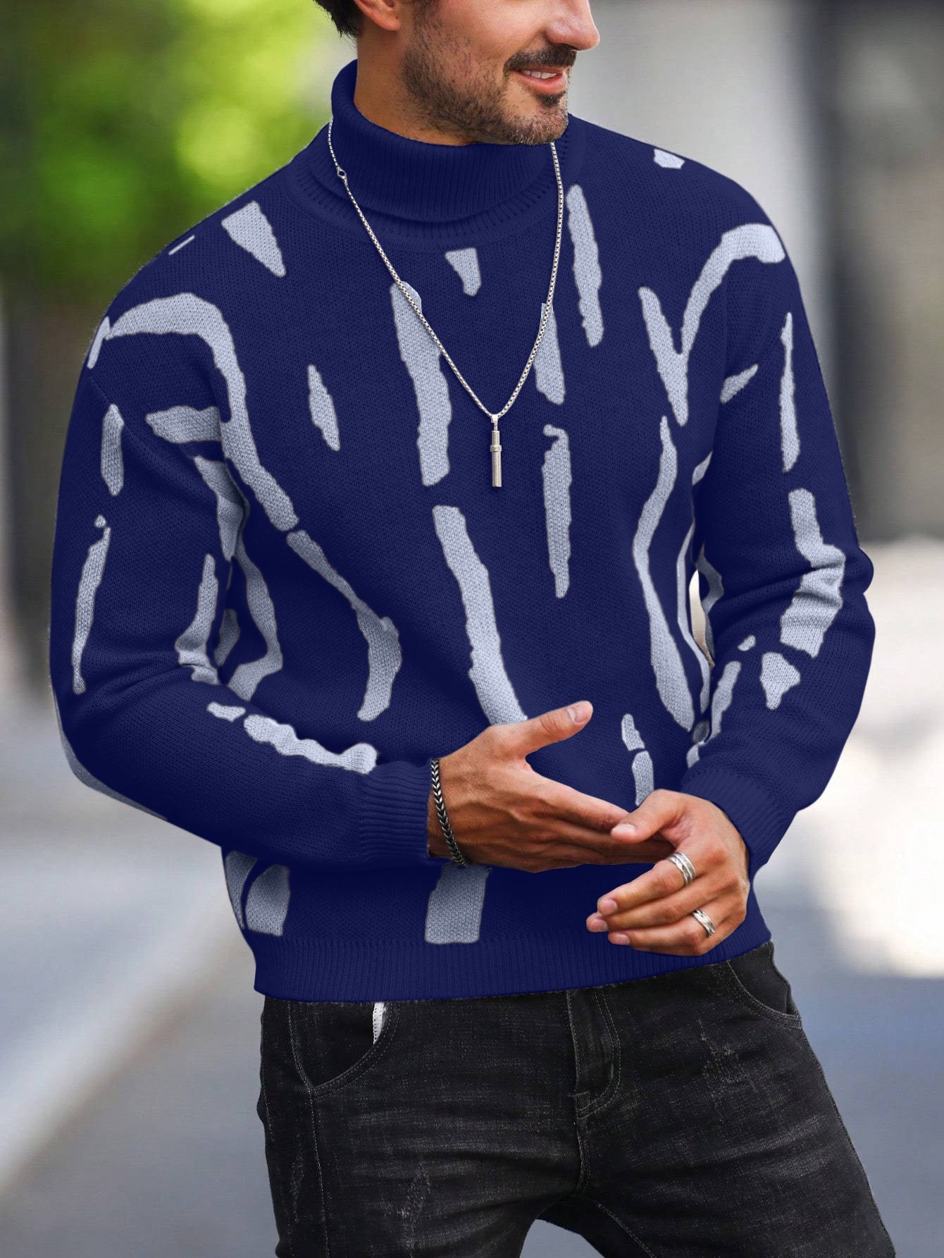 Men's Zebra Stripe Knit Sweater - High Neck Winter Pullover with Zebra Stripes, Warm Casual Sweaters for Weather, Hand Washable Fall/Winter Wardrobe Essential (Regular Fit) - ayq