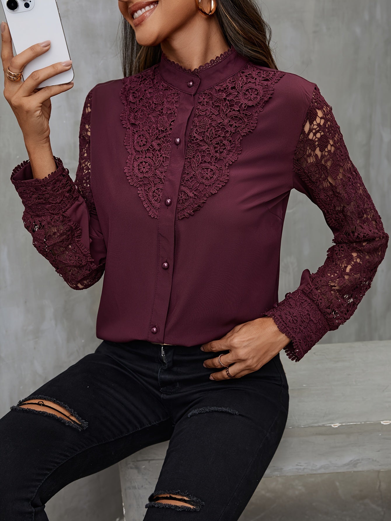 Solid Contrast Lace Blouse, Elegant Mandarin Collar Long Sleeve Blouse, Women's Clothing