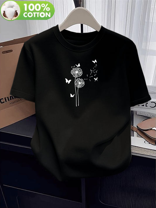 Women’s Cotton Casual T-Shirt with Dandelion & Butterfly Print - ayq